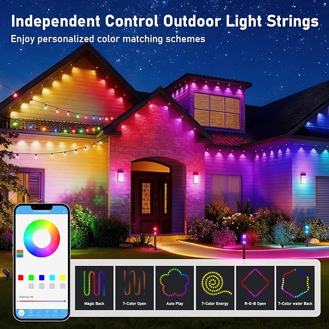 100FT Christmas Permanent Outdoor LightsRGB Eaves Lights with App &amp Remote ControlDIY Multi-Color Scene ModesIP67 WaterproofOutdoor Strings for HouseHoliday Decorations for Christmas