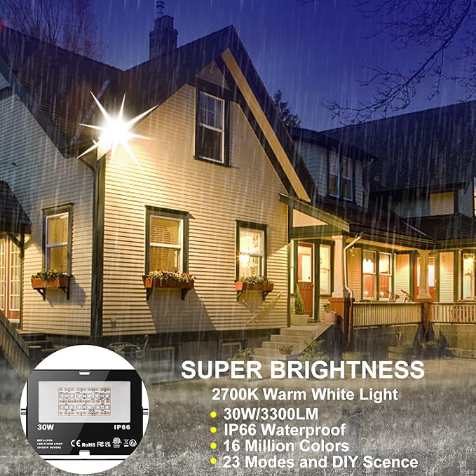 LED Flood Lights RGB Color Changing 300W Equivalent Outdoor 30W Bluetooth Smart RGB Floodlight APP Control IP66 Waterproof Timing 2700K&amp16 Million Colors 23 Modes for Garden Stage Lighting 6 P