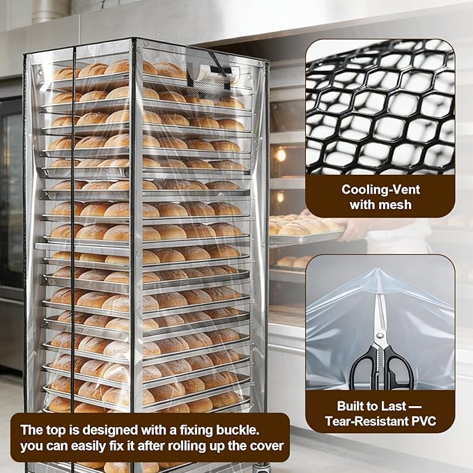 Speed Bun Pan Sheet Rack Cover with ZipperFit 20 Tier Commercial Bread Rack Cover for Bakery Racks23x28x61 Clear PVC Waterproof &amp Dust proof Cover with Breathable Mesh Vent