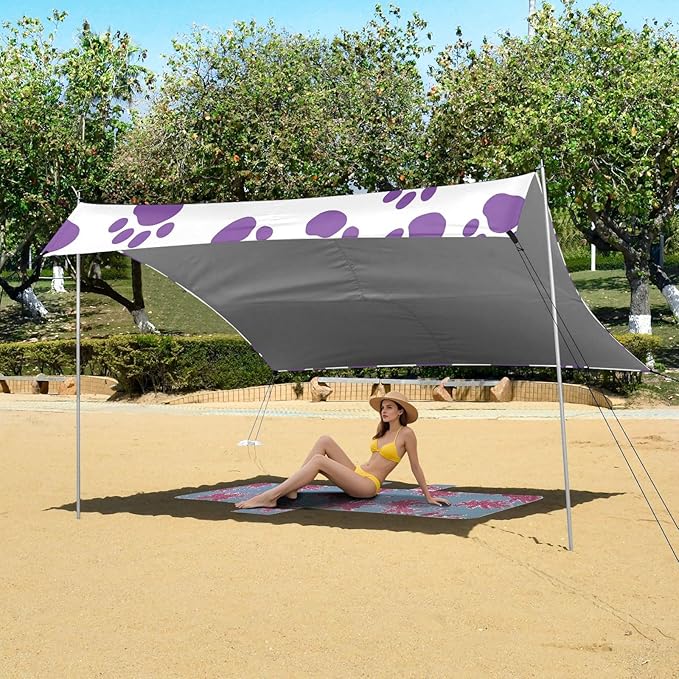 Paw Prints Purple Beach Tent Sun Shelter 9.2' x 10.5' Beach Canopy with 4 Sandbags 4 Stability Poles Sand Shovels - Tent Canopy for Beach Camping Fishing Picnics