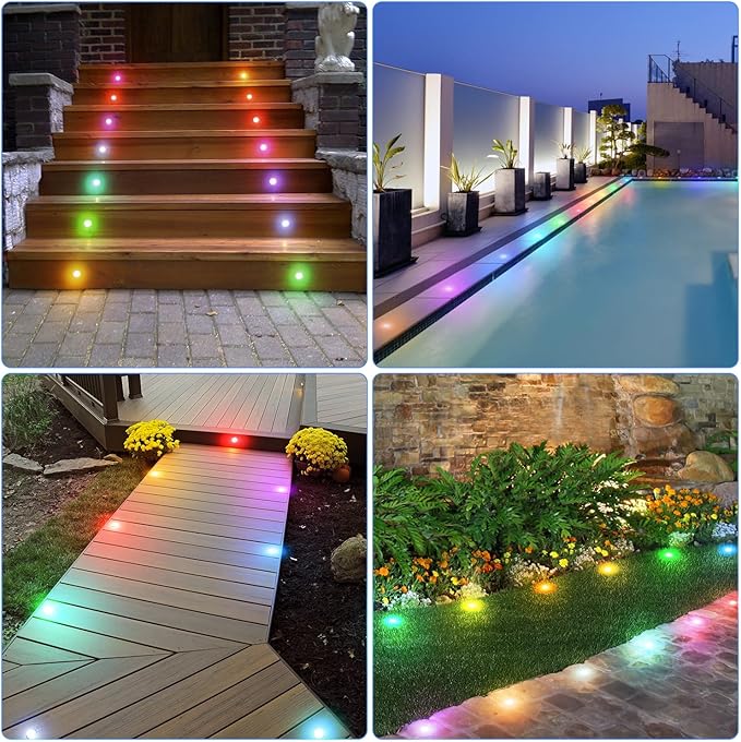 HIBOITEC 10PCS Low Voltage Recessed RGB Deck Lamp φ42mm with Remote Control LED Deck Lights Kit IP67 Waterproof 12V Low Voltage In Ground Outdoor LED Landscape Lighting for Yard Garden Patio Stair
