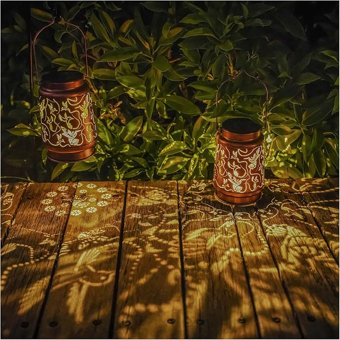 2 Pack Solar Hummingbird Lanterns Outdoor Hanging Decor LanternWaterproof Hollow Out Metal Decorative Garden LightGraceful Decoration for PatioYardLandscapeWalkwayFestival