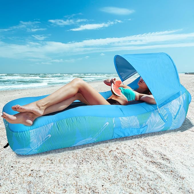 Inflatable Lounger Air Sofa with Sunshade for Adults Inflatable Couch with Mesh Back for Camping Sky Blue Feather