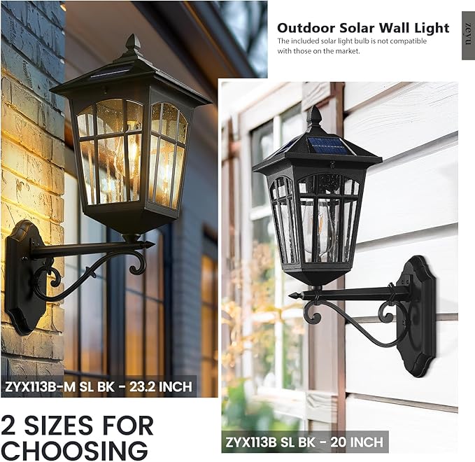 zeyu Solar Outdoor Front Porch Light Large Outdoor Wall Mounted Light with Remote Die-Cast Aluminum with Seeded Glass Shade Black Finish ZYX113B-M SL BK