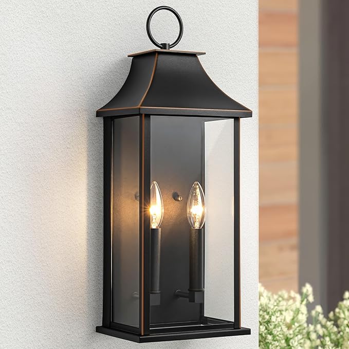Outdoor Wall Lights Dusk to Dawn Large Outside Wall Lantern Sconce Modern Fixture with Brown Trim Exterior Lamp for House Porch Garage 2-Light (20.6 Inch Black)