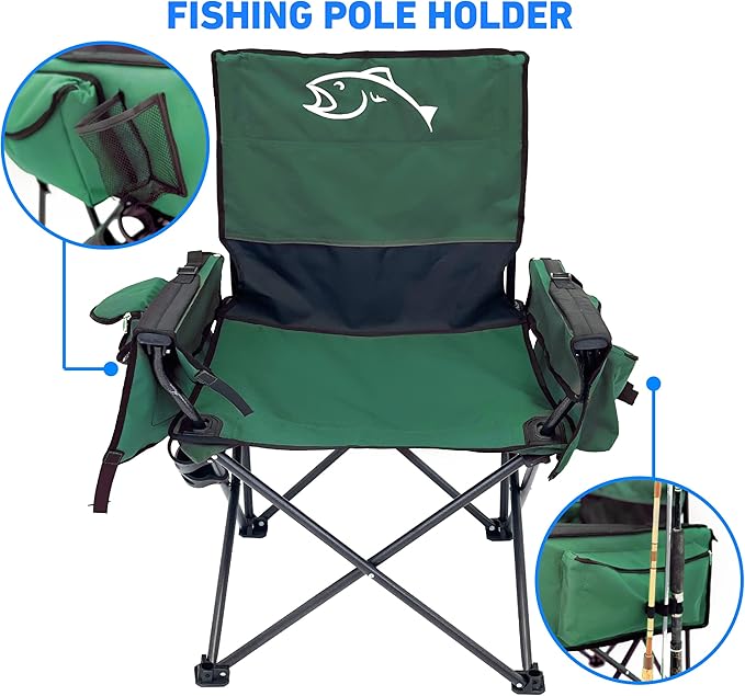 EASYGO PRODUCTS Fishing Chair with Rod Holder – Built in Cooler – Hands Free Fishing Pole Holder - Storage Pouch – Full Size Portable &amp Folding – Ruler for Measuring Fish Fishing Chair Green