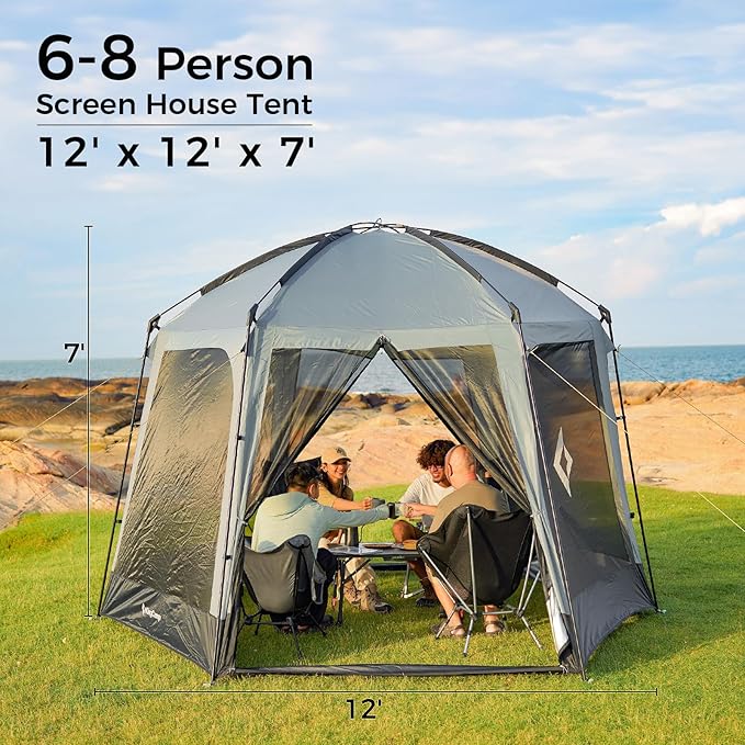 KingCamp Screen Tent Camping Tent for 6-8 Person 12' x 12' Portable Screen House Room with Detachable Sunshade for Camping Garden &amp Backyard