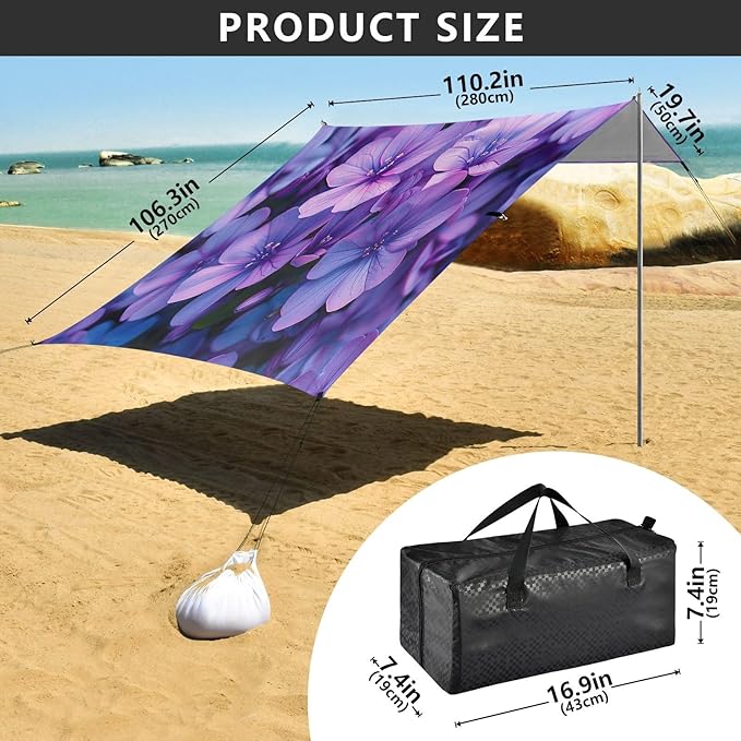 Purple Flowers Beach Tent Sun Shelter 9.2' x 10.5' Beach Canopy with 4 Sandbags 4 Stability Poles Sand Shovels - Tent Canopy for Beach Camping Fishing Picnics