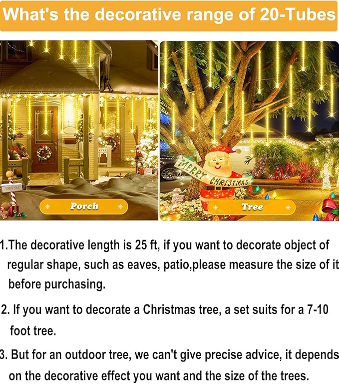 Meteor Shower Lights Outdoor Easter Lights UL Certified 20 Inch 20 Tubes 1080 LED Falling Rain Drop Lamp Snowfall Icicle Cascading String Lights for Xmas Holiday Tree Garden Decor Warm White