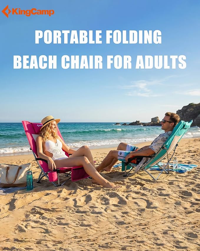 KingCamp Low Beach Chair High Back Folding Camping Chair for Adults Oversized Breathable Mesh Seat 300lbs Heavy Duty Portable Chair with Cup Holder &amp Storage Pockets for Beach Outdoor
