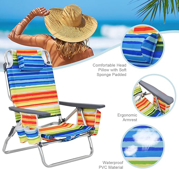 S AFSTAR Folding Beach Chair Set 2 Pack Folding Chair and Aluminum Small Table 5-Position Adjustable Camping Chairs with Ice Bag Comfort Pillow 3 PCS Backpack Recline Beach Chairs (Color Strip)