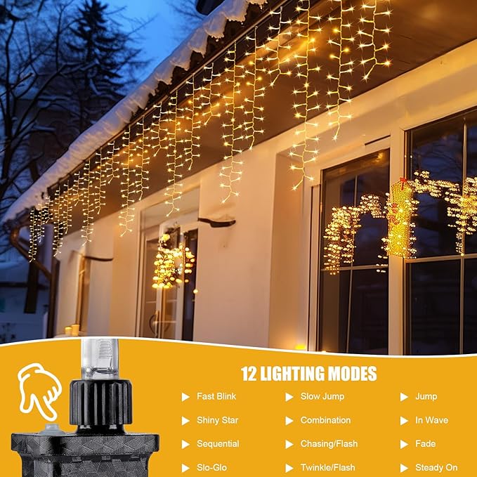 Brightown Cluster Icicle Lights Outdoor 40FT 1200 LED Icicle Christmas Light with 60 Drop12 Modes Cluster Lights with Timer Waterproof Firecracker Christmas Light Outdoor Warm White