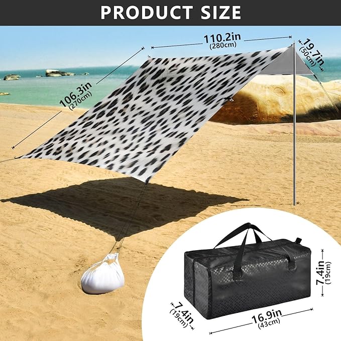 Snow Leopard Print Beach Tent Sun Shelter 9.2' x 10.5' Beach Canopy with 4 Sandbags 4 Stability Poles Sand Shovels - Tent Canopy for Beach Camping Fishing Picnics