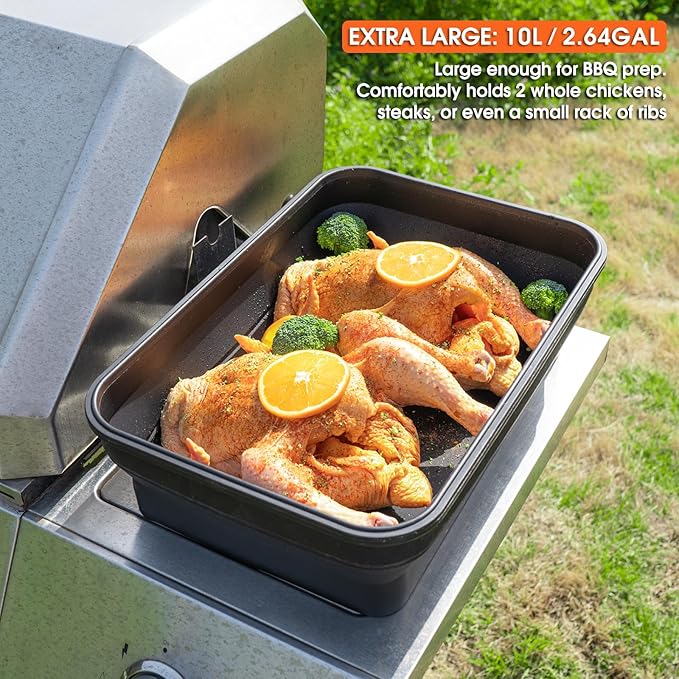Silicone Collapsible Marinating Container with Lid for Meat 2.64Gal/10L Extra Large Collapsible BBQ Prep Tub Transparent Locking Lid XL Grill Prep Trays and Carry System BBQ Must-Have Black