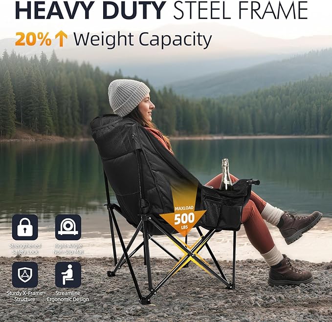 Oversized Camping Chair for Adults - Heavy Duty Outdoor Padded Large Lawn Camp Chair with Cup Holder Cooler Pockets for Sports Beach Fishing Garden Portable Supports 500lbs AllBlack 2 Pack