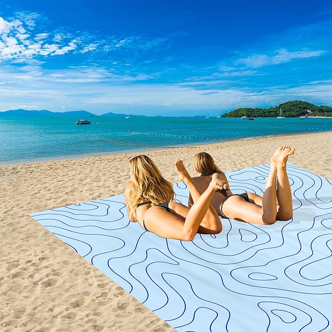 Beach Blanket Waterproof Sandproof 78''×86'' Large Sand Free Picnic Blanket for 1-4 Adults Big Foldable Blue Beach Travel Mat with 4 Stakes &amp Corner Pockets for Outdoor Grass Park Patio