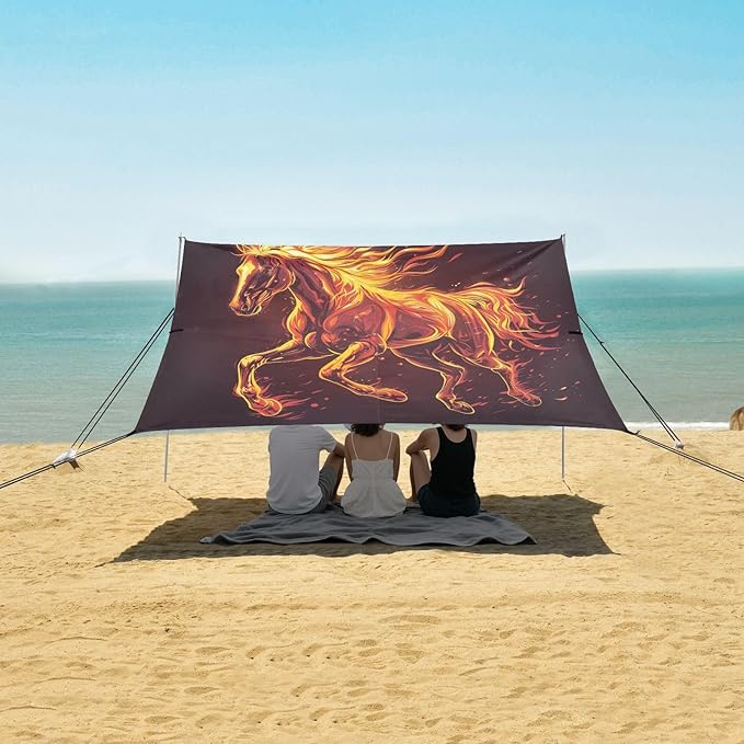 ALAZA Red Running Horse Flame Beach Tent Sun Shelter UPF50+ Protection Beach Shade Canopy w/ 4 Sandbags for Outdoor Camping Fishing Backyard Fun Picnic 10x9 ft