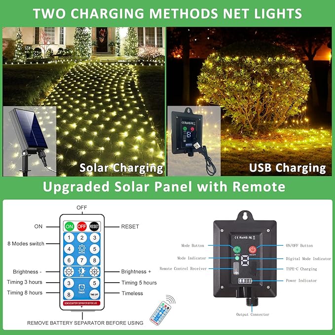 11.5FT x 5FT Solar Christmas Net Lights Outdoor with Remote 240 LED USB Warm White Mesh Lights for Bushes Waterproof 8 Modes Green Wire Christmas Trees Light Patio Indoor Decor