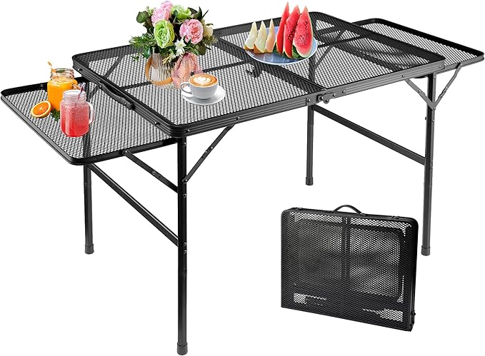 Large Folding Camping Table - Metal Mesh Grill Table with 2 Wing Panels | 2 Adjustable Heights | Large Picnic &amp Outdoor Table | Expandable Shelves Lightweight (4.4 FT Black)