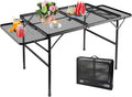 Large Folding Camping Table - Metal Mesh Grill Table with 2 Wing Panels | 2 Adjustable Heights | Large Picnic &amp Outdoor Table | Expandable Shelves Lightweight (4.4 FT Black)