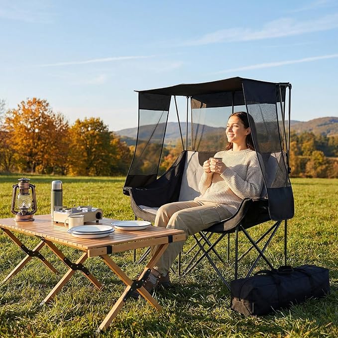 Double Camping Chair with Canopy 660lbs Folding Beach Camping Loveseat with Padded Seat and Cup Holders 4-Zone Heated Outdoor Chair for Lawn Beach Camp Use 5v/3a Power Bank