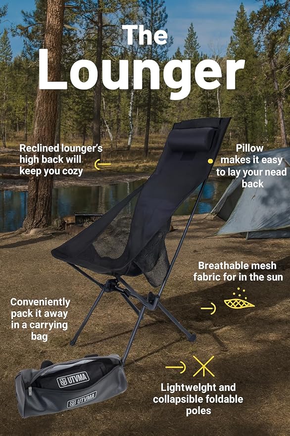 UTVMA Lounger Camp Chair – Folding Portable Camping Chair with Attachable Storage Bag | Comfortable Outdoor Chair for UTV Camping Beach and Tailgating