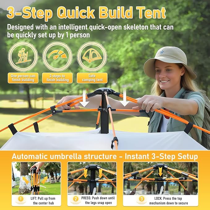 Instant Pop Up Tent for Camping - 2-3 Person Waterproof Tent with Air Circulation Fan UPF 50+ Sun Protection 60-Second Setup for Family and Backpacking