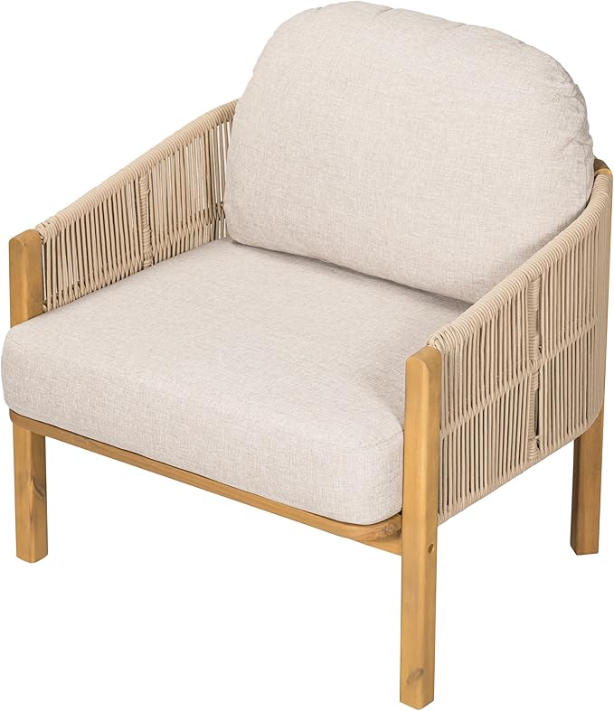 Outdoor Wood Club Chair Beige Rope with Beige Cushion