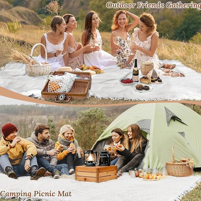 91 x 71 Inch Large White Picnic Blanket Outdoor Picnic Blanket with Fringe Soft Cotton Woven Blanket Picnic Lightweight Foldable Blanket Picnic for Beach Park Camping (White Diamond Pattern)