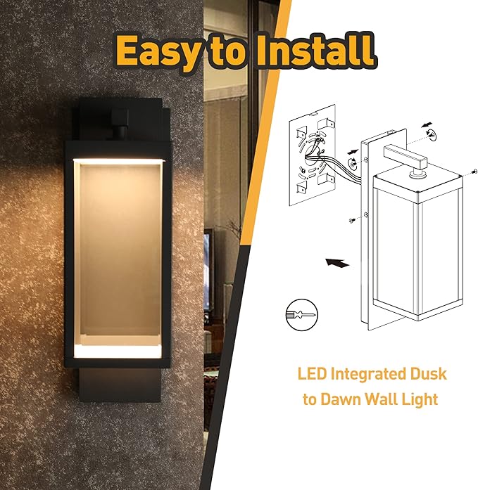 Dusk to Dawn Outdoor Wall Porch Light 800Lm Modern Sconce 3000K LED Matte Black Exterior Fixtures Mounted Patio Lamps Waterproof for Garage Walkway Backyard Garden