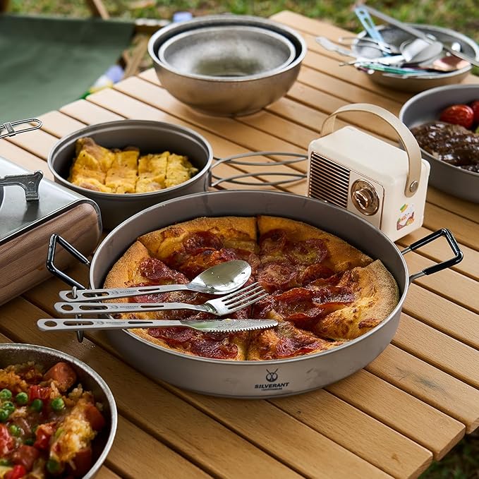 SILVERANT Camping Plate Titanium Pan Dish Plate with Handle &amp Mesh Bag Large Reuseable Ultralight Dinner Plate for Camping Outdoors Backpacking (1500ML)