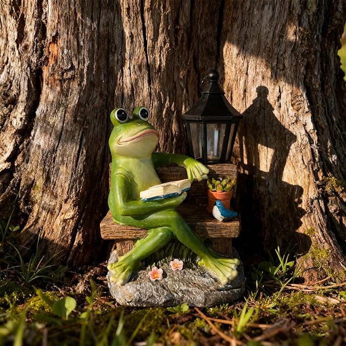 Reading Frog Solar Garden Statue with Lantern Light - Outdoor Decorative Resin Sculpture Weather-Resistant LED Solar Figurine for Yard Patio Garden Path Porch Ambience Lighting Decor