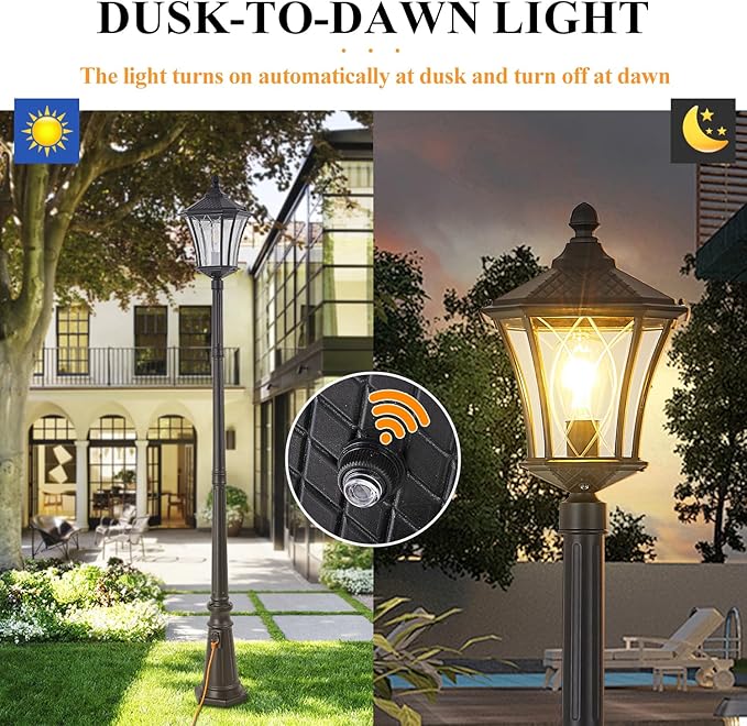 Outdoor Lamp Post Lights with Outlet Dusk to Dawn Pole Lamp with Patterned Glass Aluminum Waterproof Outside Street Light with Plug Hardwired Black Light Pole for Backyard Garden Driveway