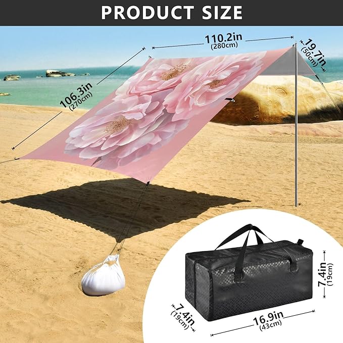 ALAZA Pink Rose Flowers Beach Tent Sun Shelter UPF50+ Protection Beach Shade Canopy w/ 4 Sandbags for Outdoor Camping Fishing Backyard Fun Picnic 10x9 ft