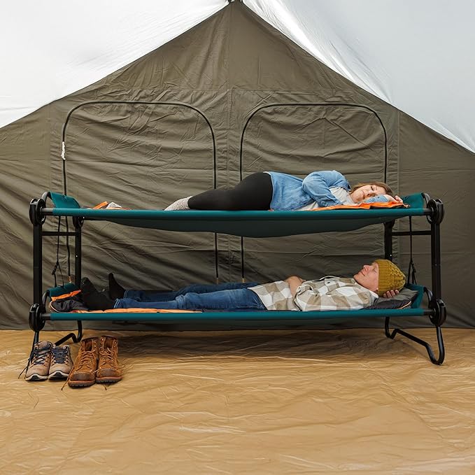 Disc-O-Bed Extra Large Portable Bunk Camping Cots with Carry Bags - Heavy-Duty Indoor or Outdoor Sleeping System Converts to Bench or Separate Beds 500 lb Weight Capacity Per Cot Green