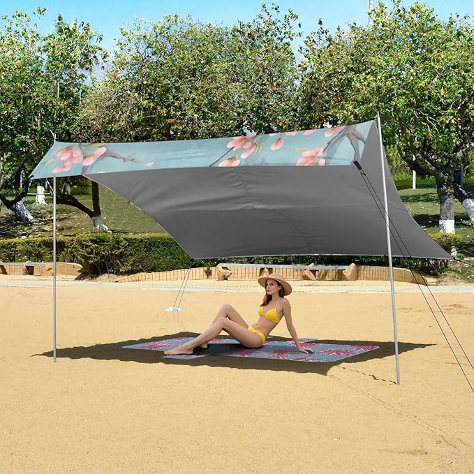 Beautiful Bird Beach Tent Sun Shelter 9.2' x 10.5' Beach Canopy with 4 Sandbags 4 Stability Poles Sand Shovels - Tent Canopy for Beach Camping Fishing Picnics