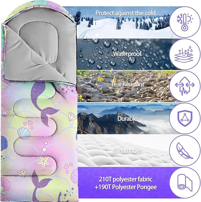 Sleeping Bags for Adults Youth Kids3D Printing Camping Sleeping Bag for Girls Boys Lightweight Waterproof Cold/Warm Weather Sleeping Bag for 3 Seasons
