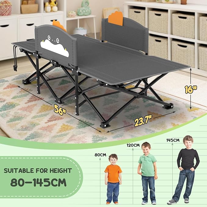 Slendor Toddle Cot Toddler Portable Bed w/Cartoon Handrail Blanket (5ft x 4ft) Folding Toddler Cots for Camping Travel Bed Extra Long Cot Length 56 Support 330 Lbs Gray