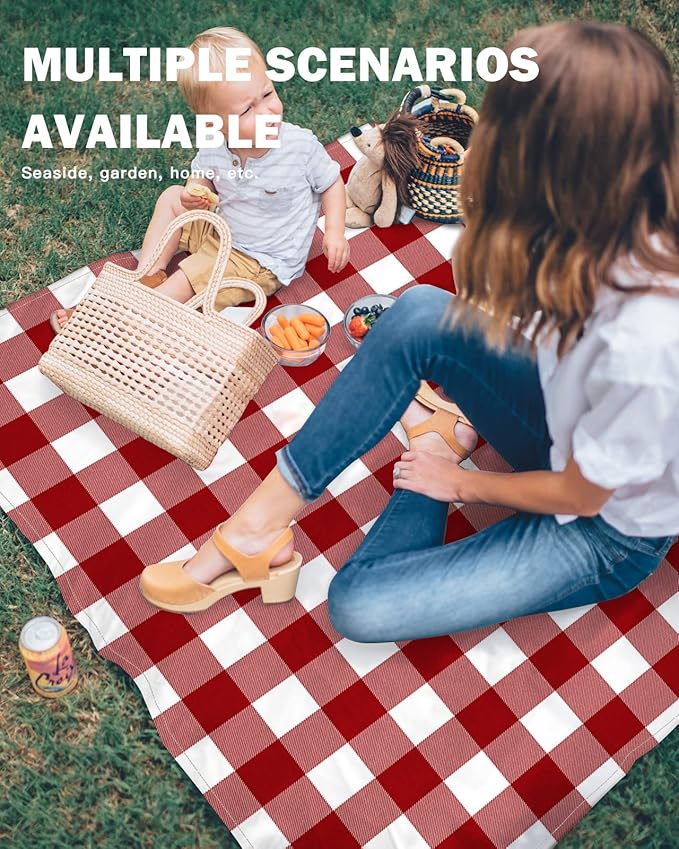Beach Blanket Waterproof Sandproof Vintage Red White Checker Plaid Quick Drying Beach Mat with 4 Stakes Farmhouse Buffalo Check Lightweight Picnic Blanket for Travel Camping Outdoor 83x79