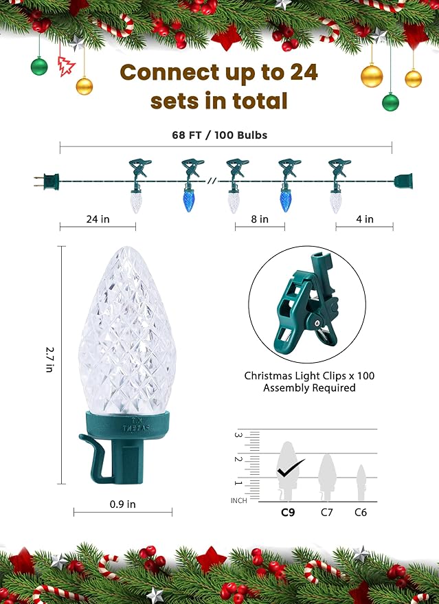 C9 LED Christmas Lights Outdoor 68Ft 100 LED String Lights with Quick Clips Commercial Grade Extendable Waterproof Outdoor Christmas Lights for House Outside Roofline Xmas Decor Blue &amp Pure Whi