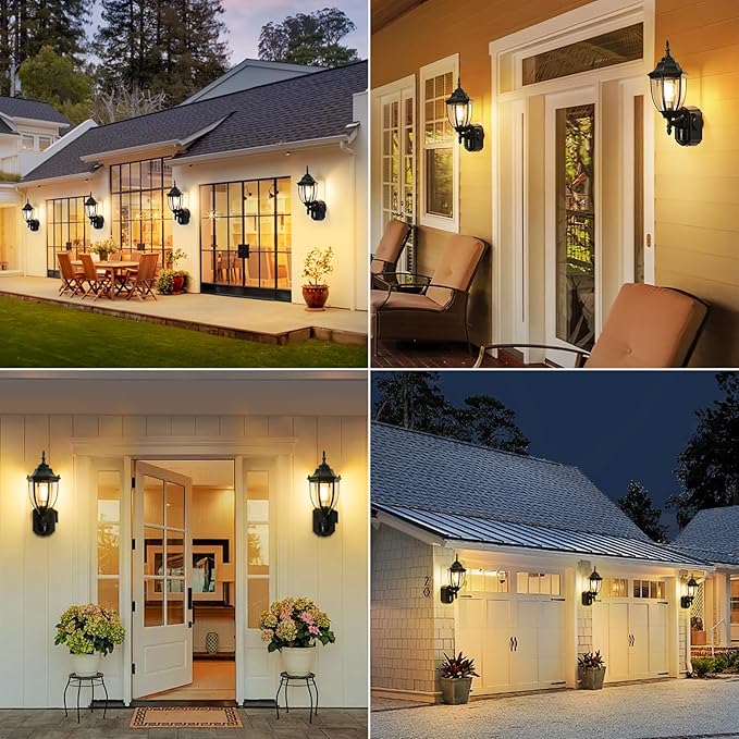 2 Pack Porch Lights with Outlet Motion Sensor Outdoor Lights Updated Dusk to Dawn Exterior Lighting Fixtures Waterproof Anti-Rust Aluminum Outside Light for House Entryway Garage Black