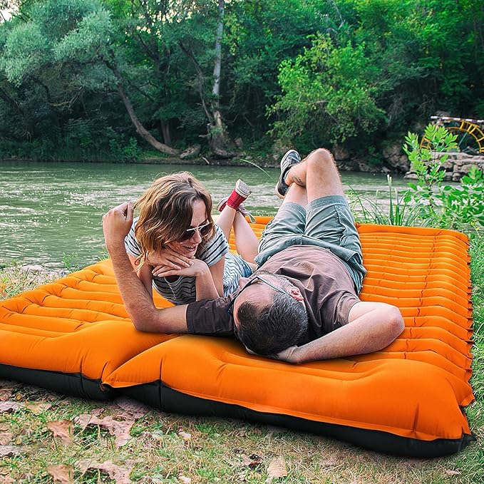 Double Sleeping Pad for Camping 4 Extra Thick Self-Inflating Air Mattress - 2 Person Inflatable Camping Mat with Built-in Foot Pump &amp Pillow Backpacking Hiking Tent Travel-Orange
