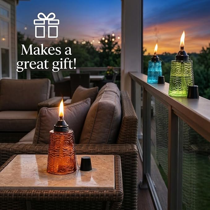 Seraphic Citronella Table Top Torches for Outdoor Patio 16oz Decorative Glass Torch Citronella Candles for Outside Deck Garden Parties Set of 3 Blue/Amber/Green