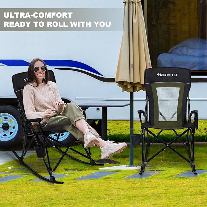 Folding Rocking Camping Chair Portable Outdoor Rocker with High Mesh Back Handrail Bars Carry Bag Cup Holder Bottle Opener Supports 400 lbs Black&ampGreen