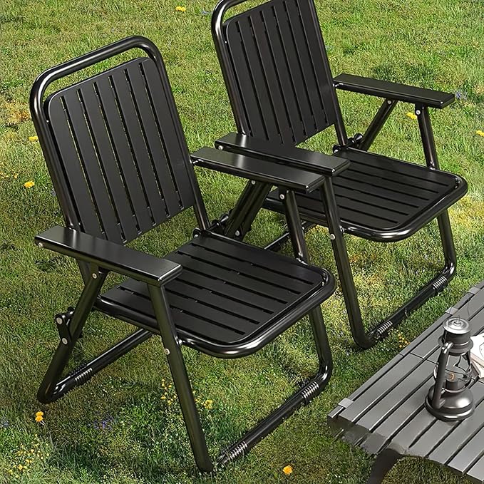 Foldable Outdoor Chair with Widening Armrests Portable Camping Beach Chair (Reinforced Black)