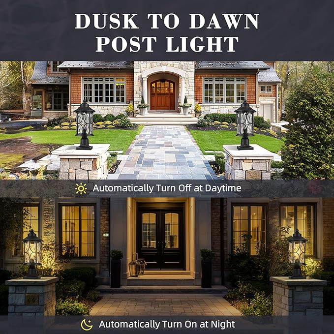 zeyu Pillar Light Outdoor 16.9 Inch Dusk to Dawn Outdoor Light Fixture Post with Photocell Sensor Exterior Post Lamp with Water Ripple Glass ZX48MP PC WG BK