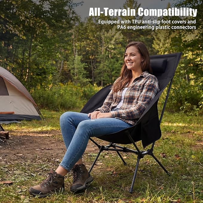 SUNNYFEEL Lightweight Backpacking Chair Oversized Wider Cotton-Padded Camping Chair Portable High Back Folding Chair with Adjustable Pillow for Hiking Heavy-Duty 330 Pound Capacity Black