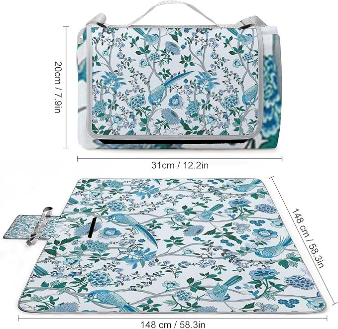 Blue and White Chinese Style Chinoiserie Folk Waterproof Outdoor Picnic Blanket Sandproof Beach Mat for Camping Hiking Grass Travelling