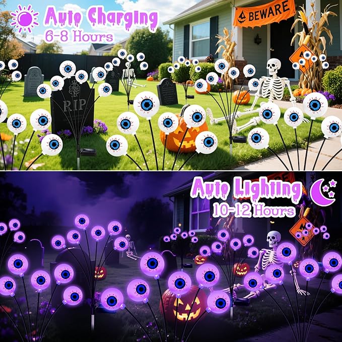 Purple Halloween Decorations Outdoor 8 Pack 48 LED Solar Scary Eyeball Swaying Lights Purple Solar Firefly Light Waterproof Outdoor Garden Lights for Halloween Yard Garden Lawn Party Flower Bed