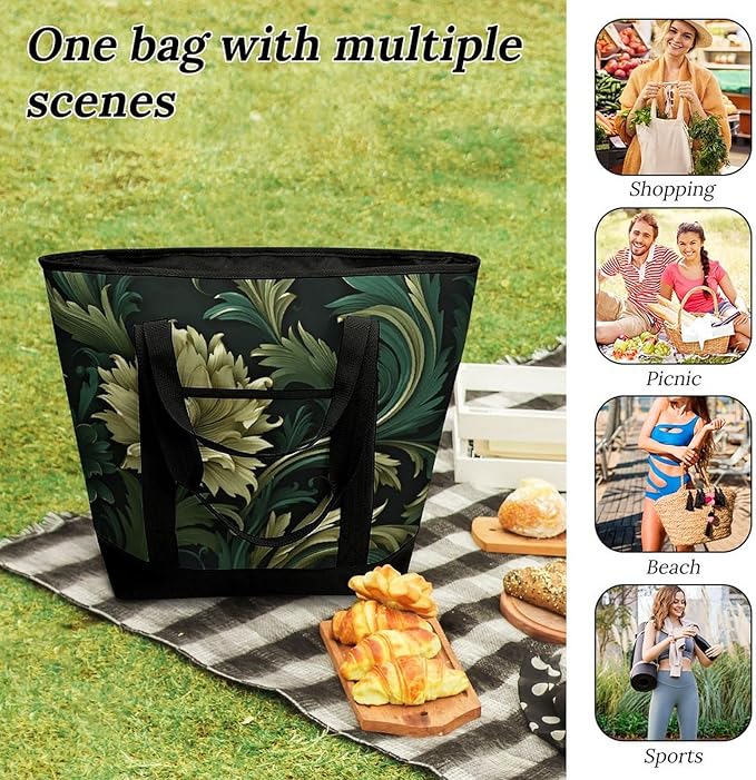 Insulated Shopping BagLarge Reusable Cooler Bags Dark Green And Green Style Printed Foldable Shopping BagTravel Waterproof Shoulder Bag